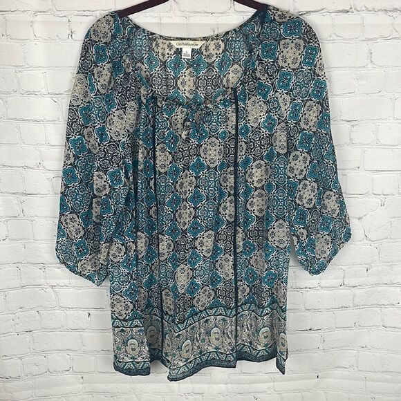 Croft & Barrow Navy, Aqua, Tan Patterned Sheer Blouse Size Large - Picture 1 of 5